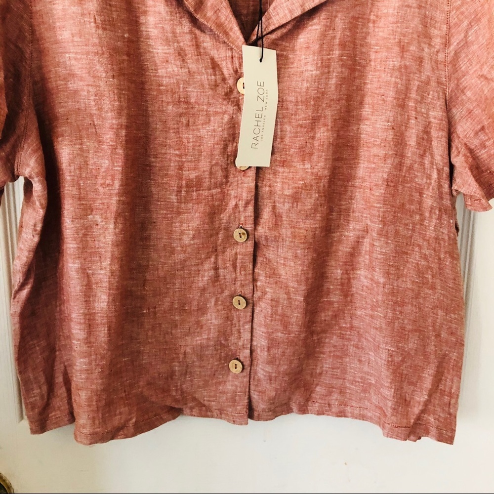NWT RACHEL ZOE pink 100% linen button up half cropped blouse size large - Picture 4 of 9